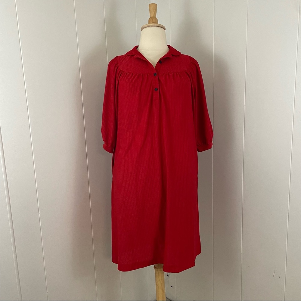 Vintage Midi Dress Women’s XL Stripe Polka Dot Henley Short Sleeve Shift Pockets - Picture 2 of 9